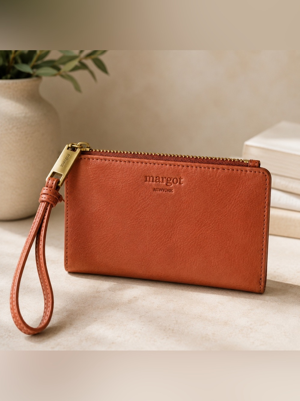 Margot New York Brown Leather Wristlet Wallet Bifold Zip Snap Genuine Leather